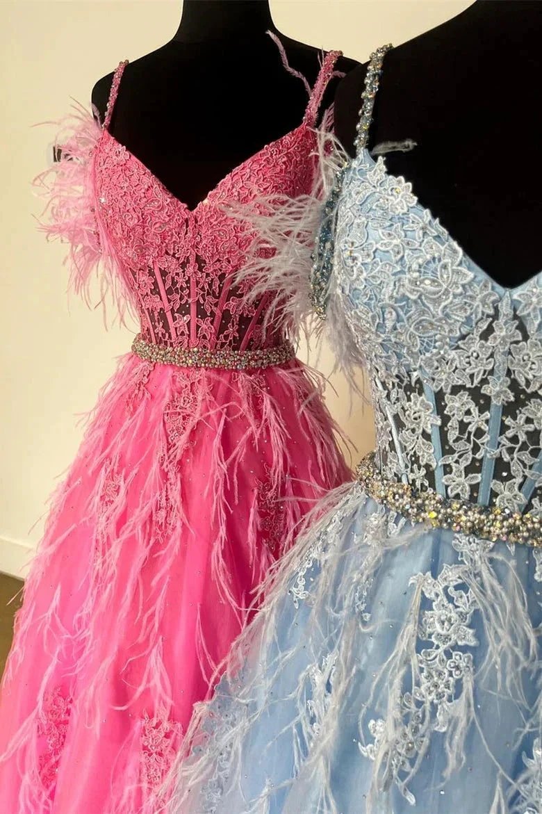 Amalia |A line V Neck Lace Tulle Prom Dress with Beading and Feather by KissProm