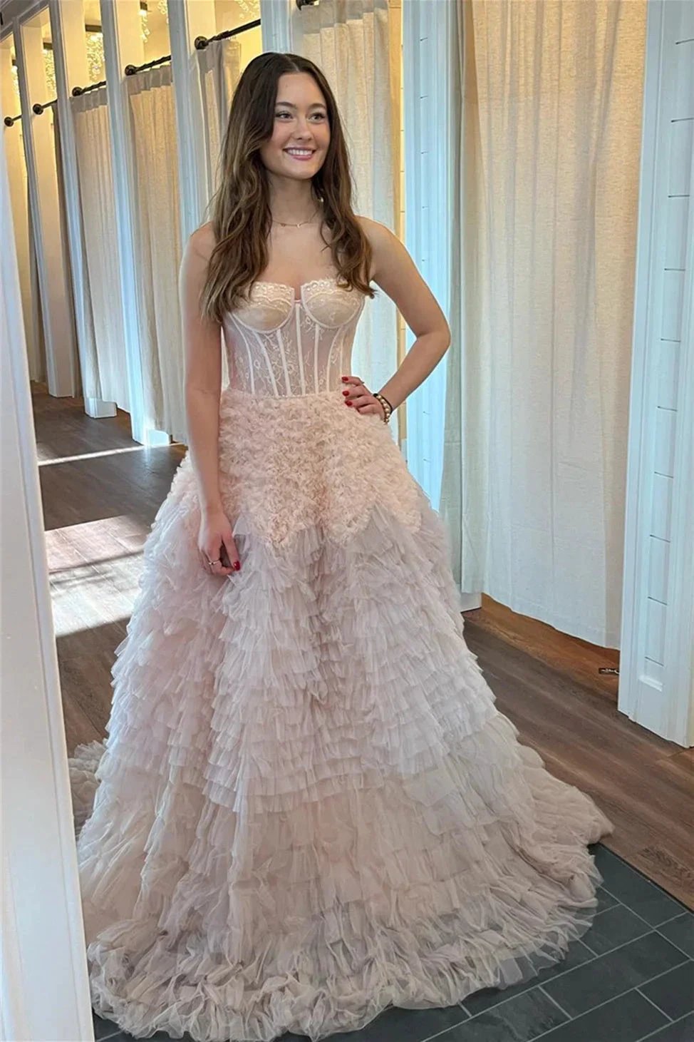 Emberlynn | Ivory Tulle Ruffle Layers Boning A-Line Long Prom Dress by KissProm
