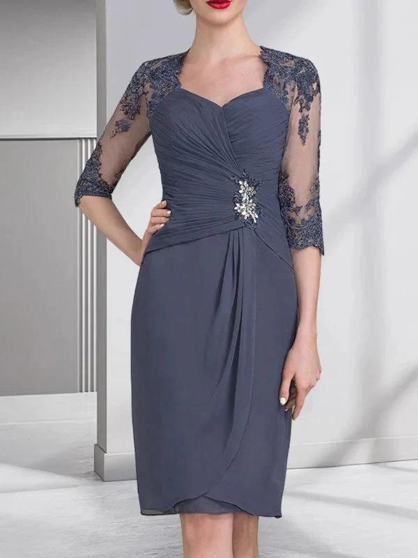 Sheath/Column Sweetheart Knee-Length Chiffon Mother of the Bride Dress With Beading Appliques Lace Sequins Pleated by Dreamylily