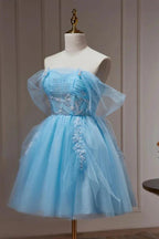 Blue Off The Shoulder Beading Appliques Tulle Short Homecoming Dresses by Cicinia