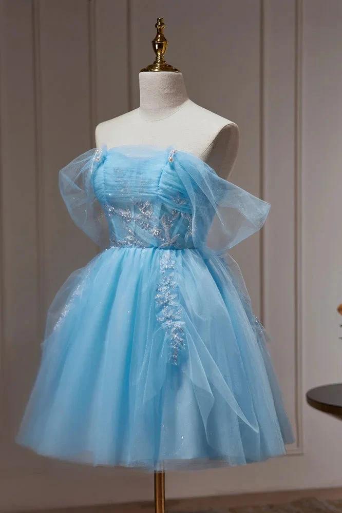 Blue Off The Shoulder Beading Appliques Tulle Short Homecoming Dresses by Cicinia