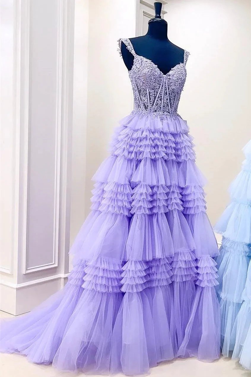 Elina | Red Tulle Off-the-Shoulder Ruffle Tiered Long Prom Dress by KissProm