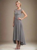 A-line Scoop Illusion Asymmetrical Lace Chiffon Mother of the Bride Dress With Pleated by Dreamylily