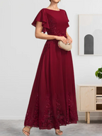 A-Linie U-Ausschnitt Knöchellang Spitzen-Chiffon-Kleid für die Brautmutter mit Pailletten