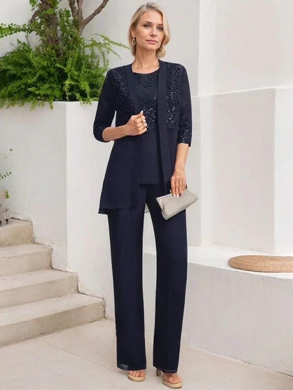 Jumpsuit/Pantsuit Separates Scoop Floor-Length Chiffon Lace Mother of the Bride Dress With Sequins by Dreamylily