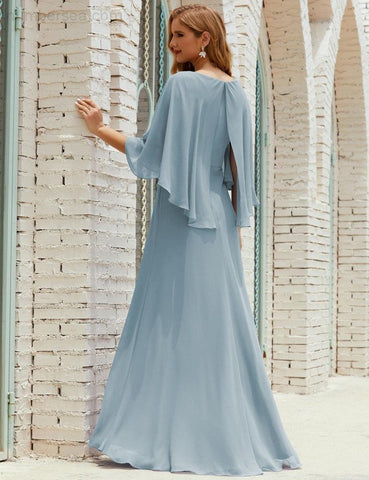Sunnderly  Bridesmaid Dress Women Long Sleeve V-Neck Chiffon Formal Wedding Party Dress SY28018