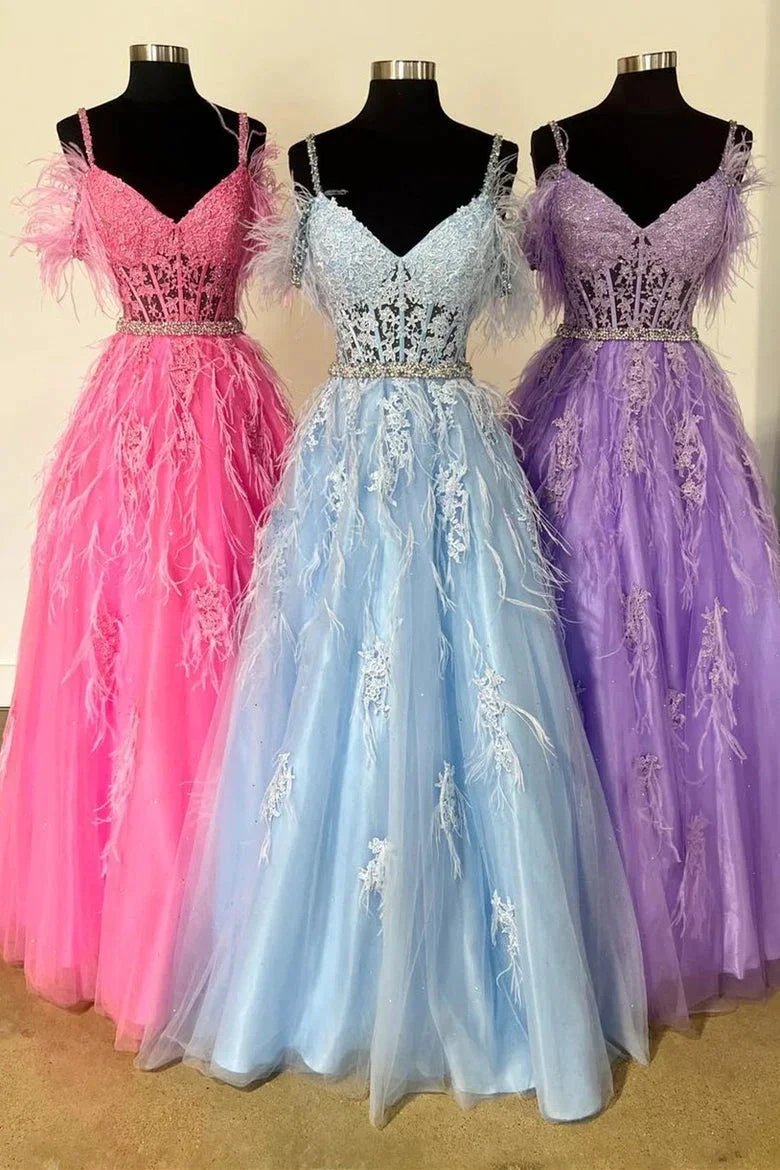 Amalia |A line V Neck Lace Tulle Prom Dress with Beading and Feather by KissProm