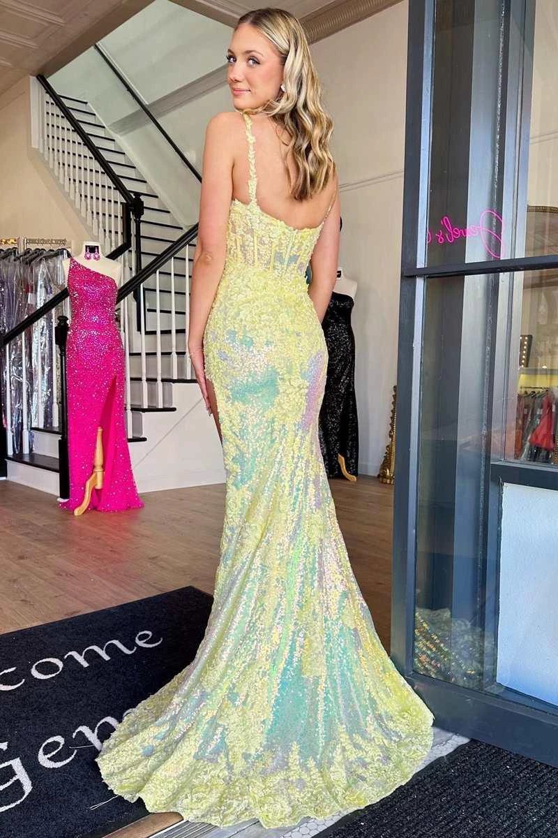 Chandler | Yellow Sequin Appliques Scoop Neck Mermaid Long Prom Dress with Slit by KissProm