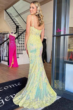Chandler | Yellow Sequin Appliques Scoop Neck Mermaid Long Prom Dress with Slit by KissProm