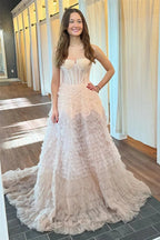 Emberlynn | Ivory Tulle Ruffle Layers Boning A-Line Long Prom Dress by KissProm