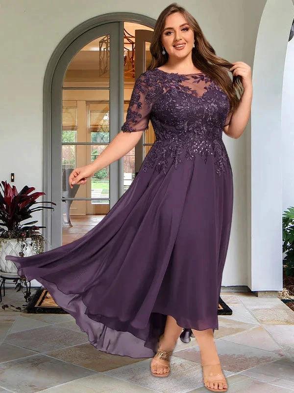 A-line Scoop Illusion Asymmetrical Chiffon Lace Mother of the Bride Dress With Sequins by Dreamylily