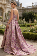 Square Neck Floral Jacquard A-Line Evening Gown with Train by tangjianjun