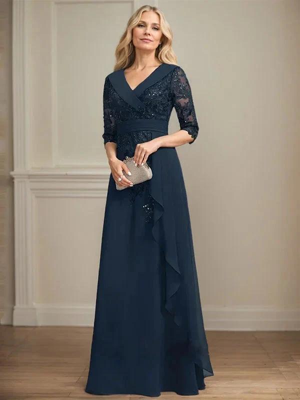 A-line Collared V-Neck Floor-Length Lace Chiffon Mother of the Bride Dress With Sequins Cascading Ruffles by Dreamylily
