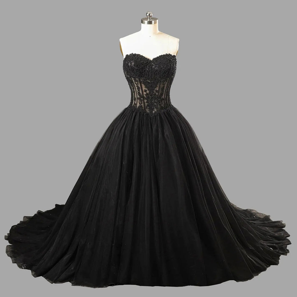 Black Lace Heavy Gothic Beading Wedding Dress Ballgown Corset Closure  SW567