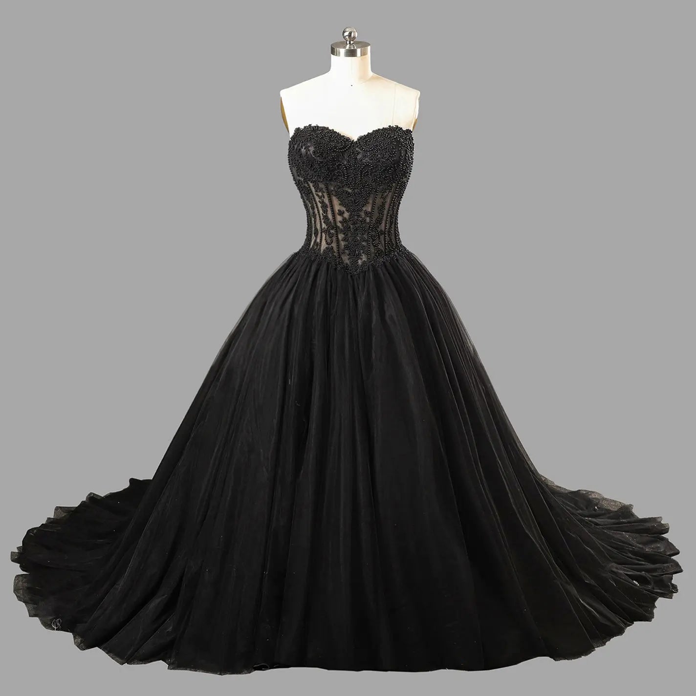 Black Lace Heavy Gothic Beading Wedding Dress Ballgown Corset Closure  SW567