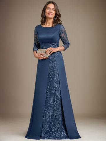 A-Linie U-Ausschnitt Bodenlang Spitze Satin Kleid für die Brautmutter mit Applikation 