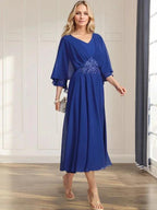 A-line V-Neck Tea-Length Chiffon Mother of the Bride Dress With Pleated Sequins Appliques Lace Beadind by Dreamylily