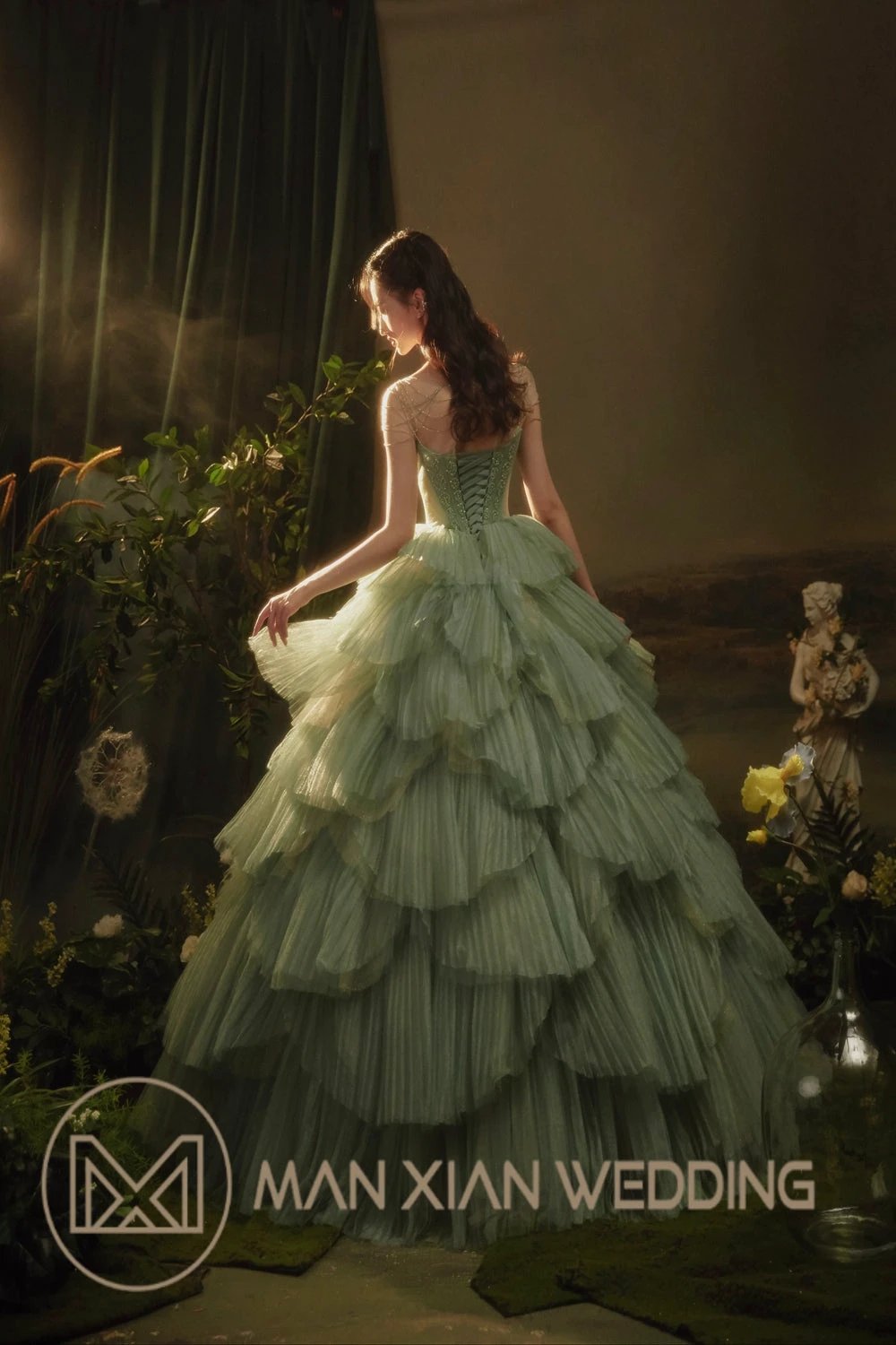 Ethereal Mint Green Tulle Ball Gown with Illusion Chain Shoulders & Tiered Ruffled Skirt by ZAPDRESS