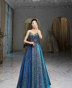 Glitter Blue A-line Evening Dress Blue Princess Dress Y4982