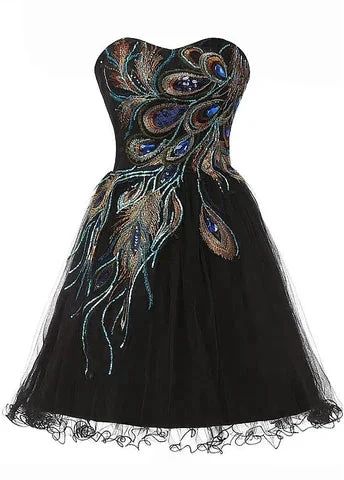 Chic Tulle Satin Beaded Sweetheart Neckline A-Line Short Cocktail Dress Black Homecoming Dress Y8483 by simplepromdress