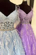 Amalia |A line V Neck Lace Tulle Prom Dress with Beading and Feather by KissProm