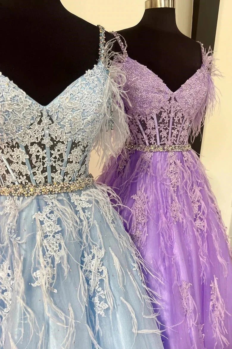 Amalia |A line V Neck Lace Tulle Prom Dress with Beading and Feather by KissProm