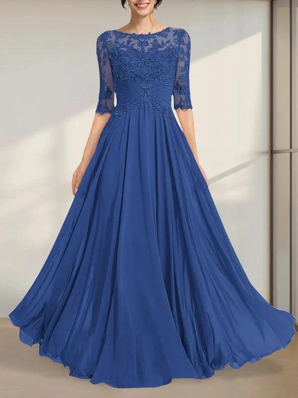 A-line Scoop Illusion Floor-Length Chiffon Lace Mother of the Bride Dress With Pleated Sequins by Dreamylily
