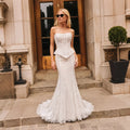 White Nude  Mermaid Wedding Dress Beaded Chain Detailing With Lace Train  SW626