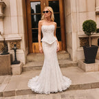 White Nude  Mermaid Wedding Dress Beaded Chain Detailing With Lace Train  SW626