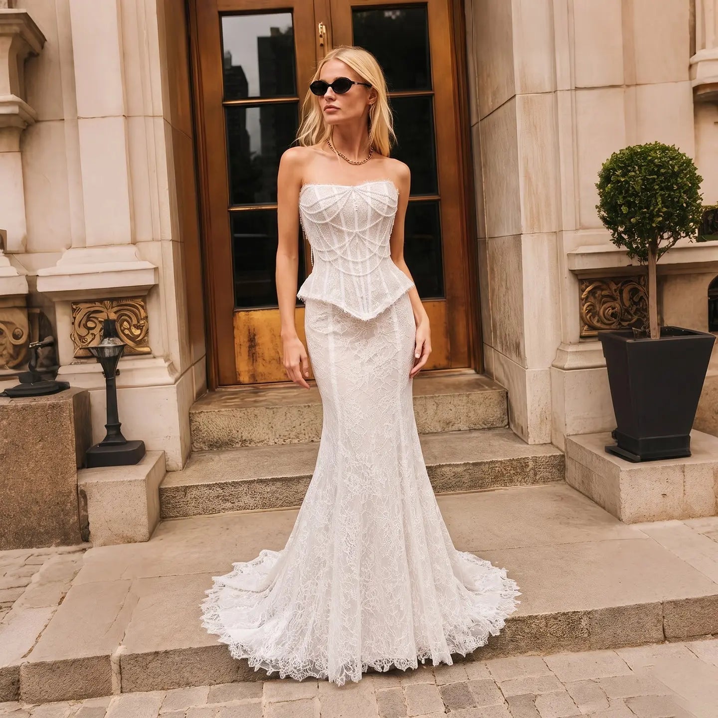 White Nude  Mermaid Wedding Dress Beaded Chain Detailing With Lace Train  SW626