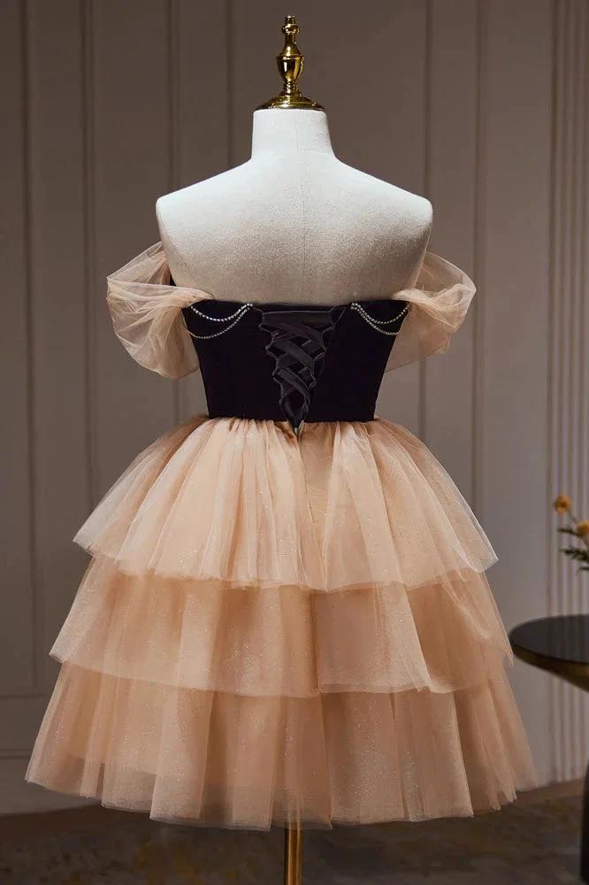 Chic Champagne Off The Shoulder Beading Tulle Short Homecoming Dresses by Cicinia
