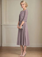 A-line Scoop Tea-Length Chiffon Mother of the Bride Dress With Pleated by Dreamylily