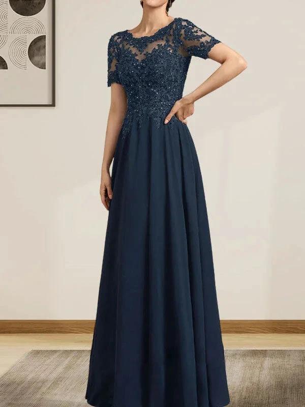 A-line Scoop Illusion Floor-Length Chiffon Lace Mother of the Bride Dress With Sequins Beading by Dreamylily