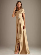 A-Line Scoop Floor-Length Stretch Satin Mother of the Bride Dress With Cascading Ruffles by Dreamylily