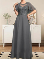 A-line Scoop Illusion Floor-Length Lace Chiffon Mother of the Bride Dress With Sequins by Dreamylily