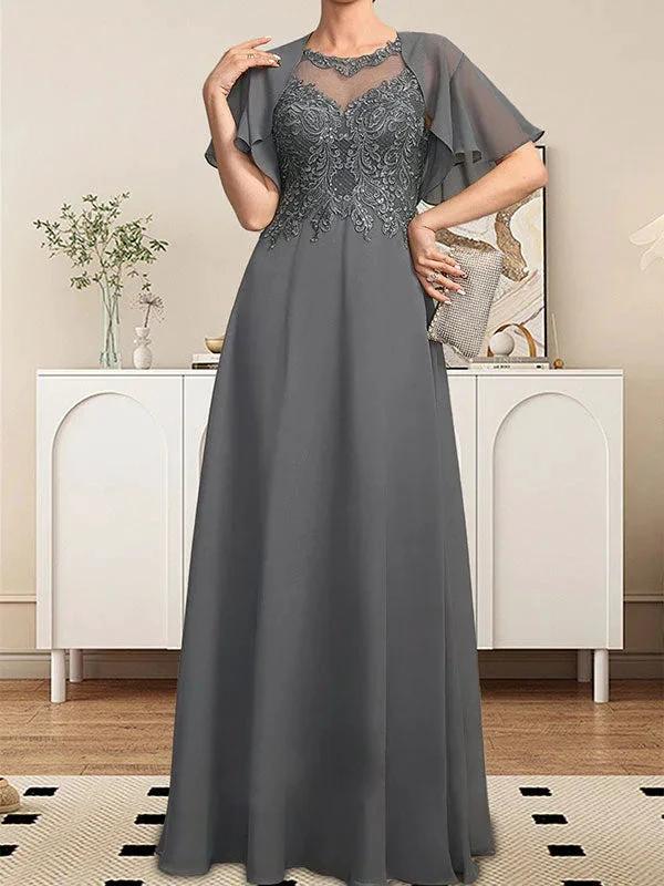 A-line Scoop Illusion Floor-Length Lace Chiffon Mother of the Bride Dress With Sequins by Dreamylily