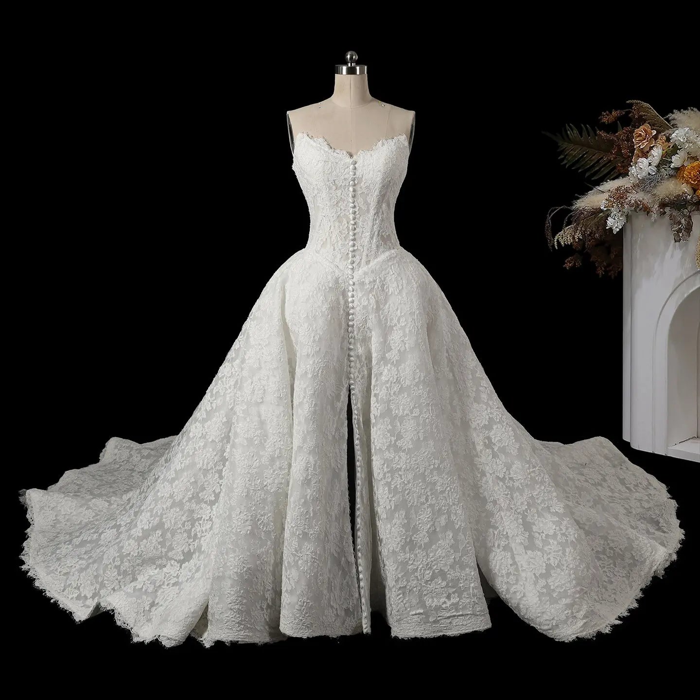 White Floral Lace Strapless Bridal Gown Sweetheart Neckline Front Button Ball Gown SW742