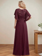 A-line Scoop Illusion Floor-Length Lace Chiffon Mother of the Bride Dress With Sequins by Dreamylily