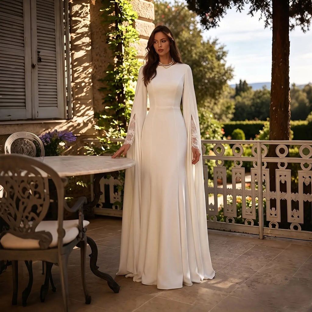 Ivory Minimalist Modest Mermaid Beaded Satin Wedding Dress  Sweep Train SW513