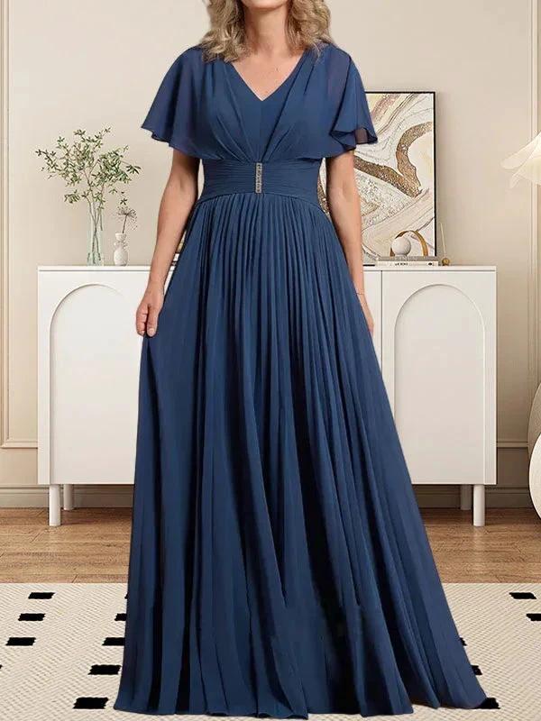 A-line V-Neck Floor-Length Chiffon Mother of the Bride Dress With Crystal Brooch Pleated by Dreamylily