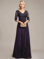 A-line V-Neck Floor-Length Lace Chiffon Mother of the Bride Dress With Cascading Ruffles Sequins by Dreamylily