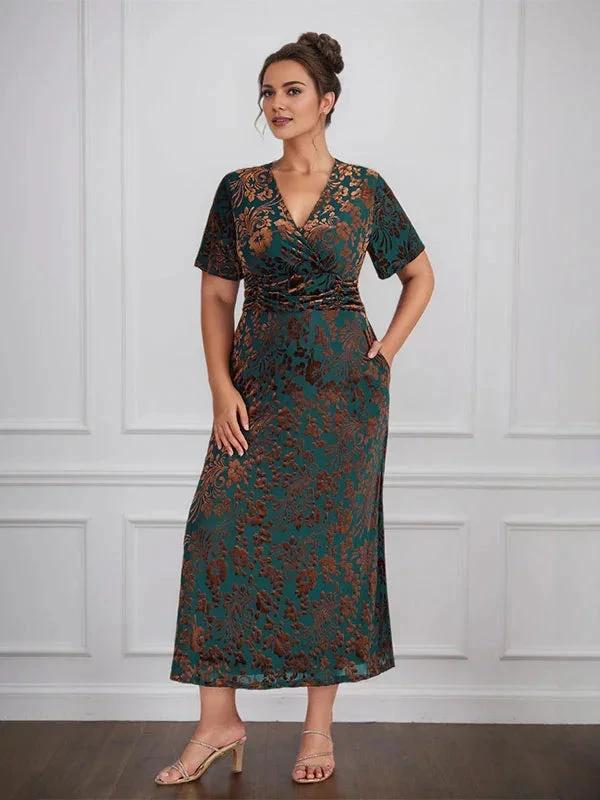Vintage Plain V-Neck Short Sleeves Velvet Tea-Length Mother of the Bride Dress With Slit by Dreamylily