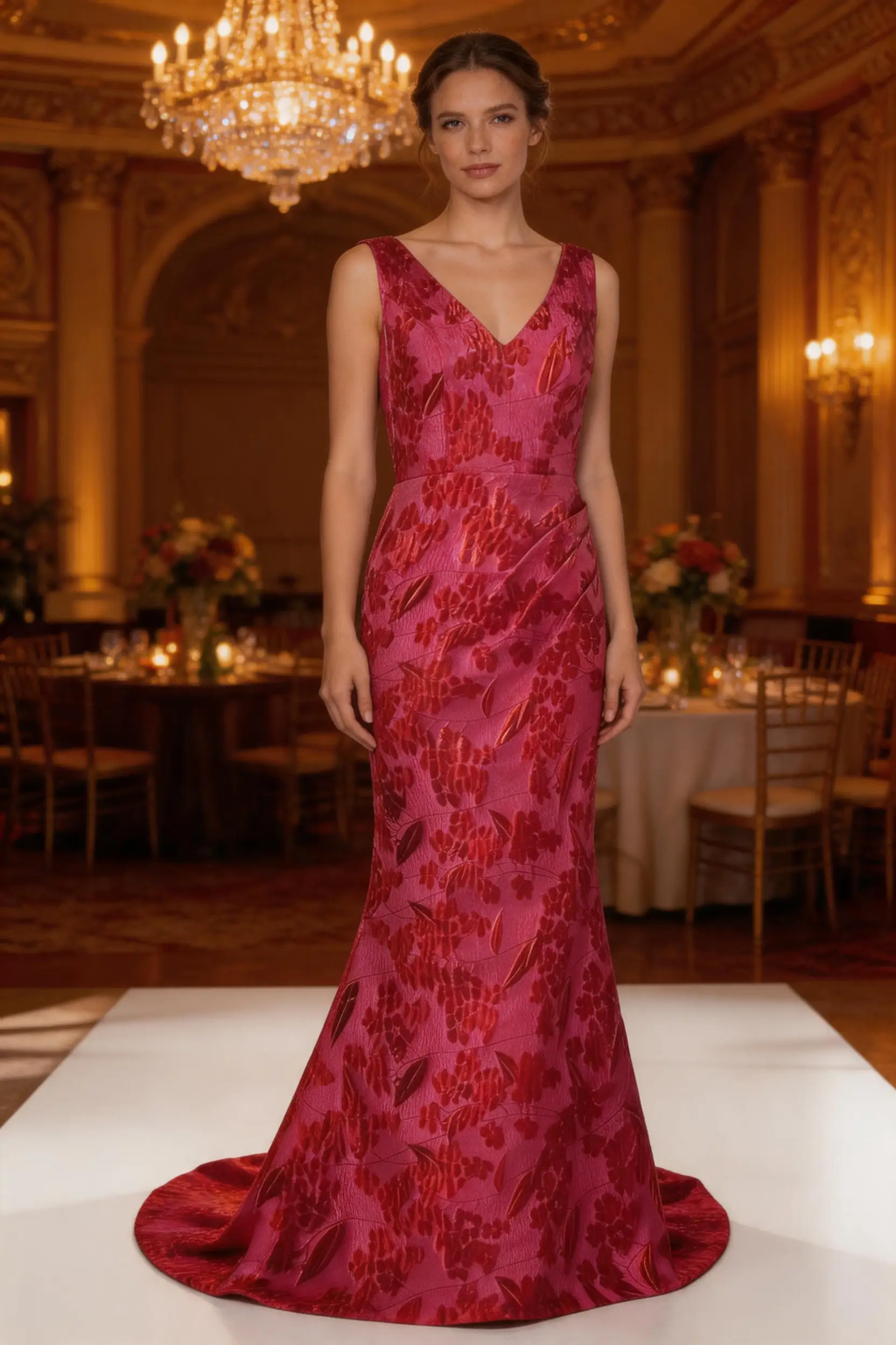 Elegant Crimson Floral Jacquard Two‑Piece Evening Gown with Tailored Jacket by simplepromdress