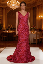 Elegant Crimson Floral Jacquard Two‑Piece Evening Gown with Tailored Jacket by simplepromdress