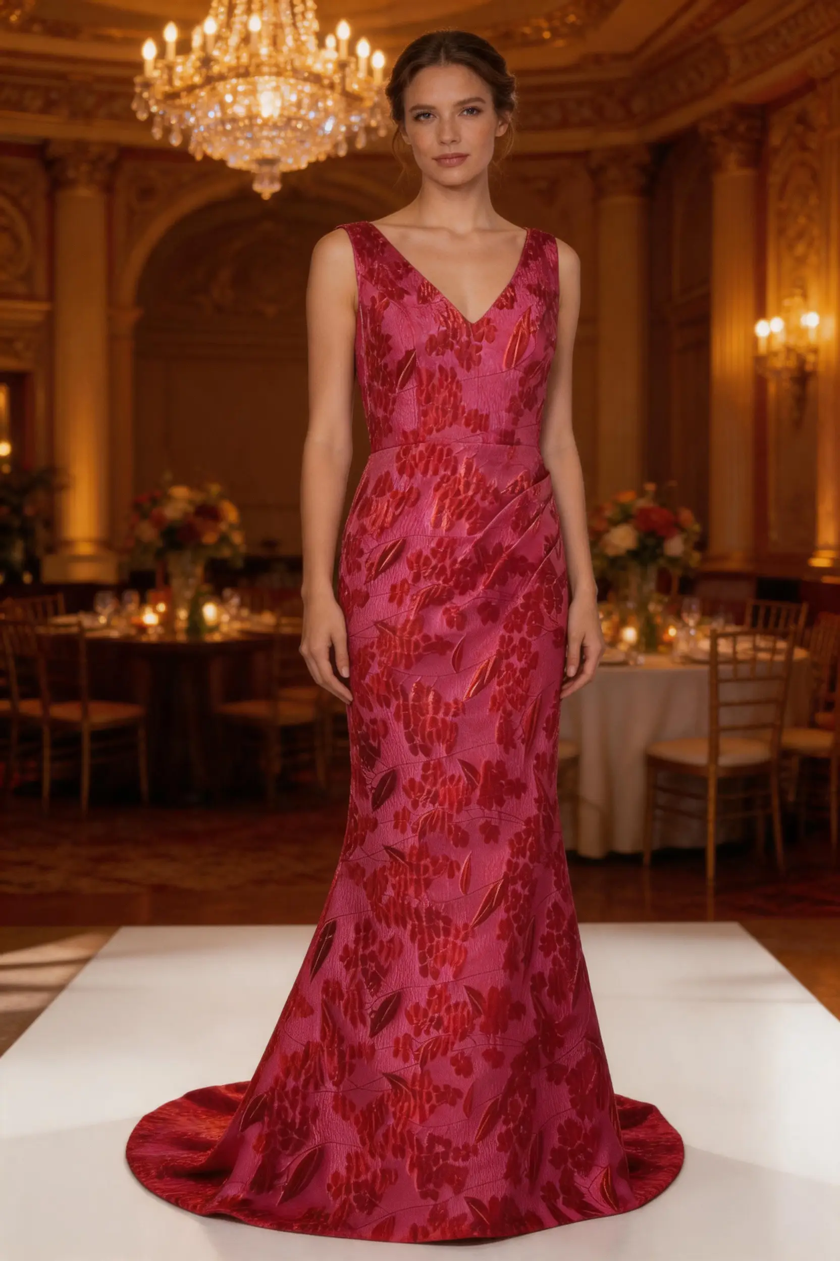 Elegant Crimson Floral Jacquard Two‑Piece Evening Gown with Tailored Jacket by simplepromdress