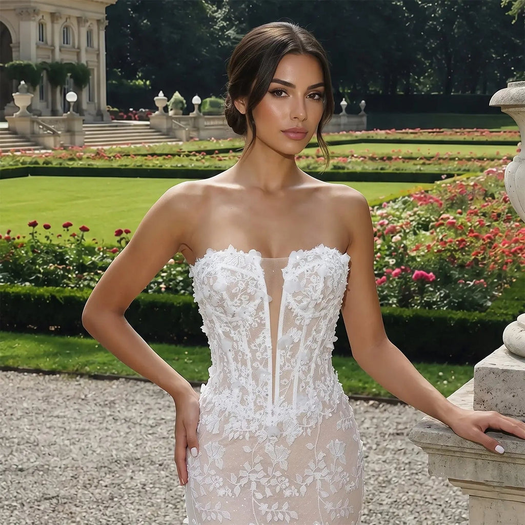White Nude Lace Fairytale  Mermaid Wedding Dress 3D Floral  Train  SW649
