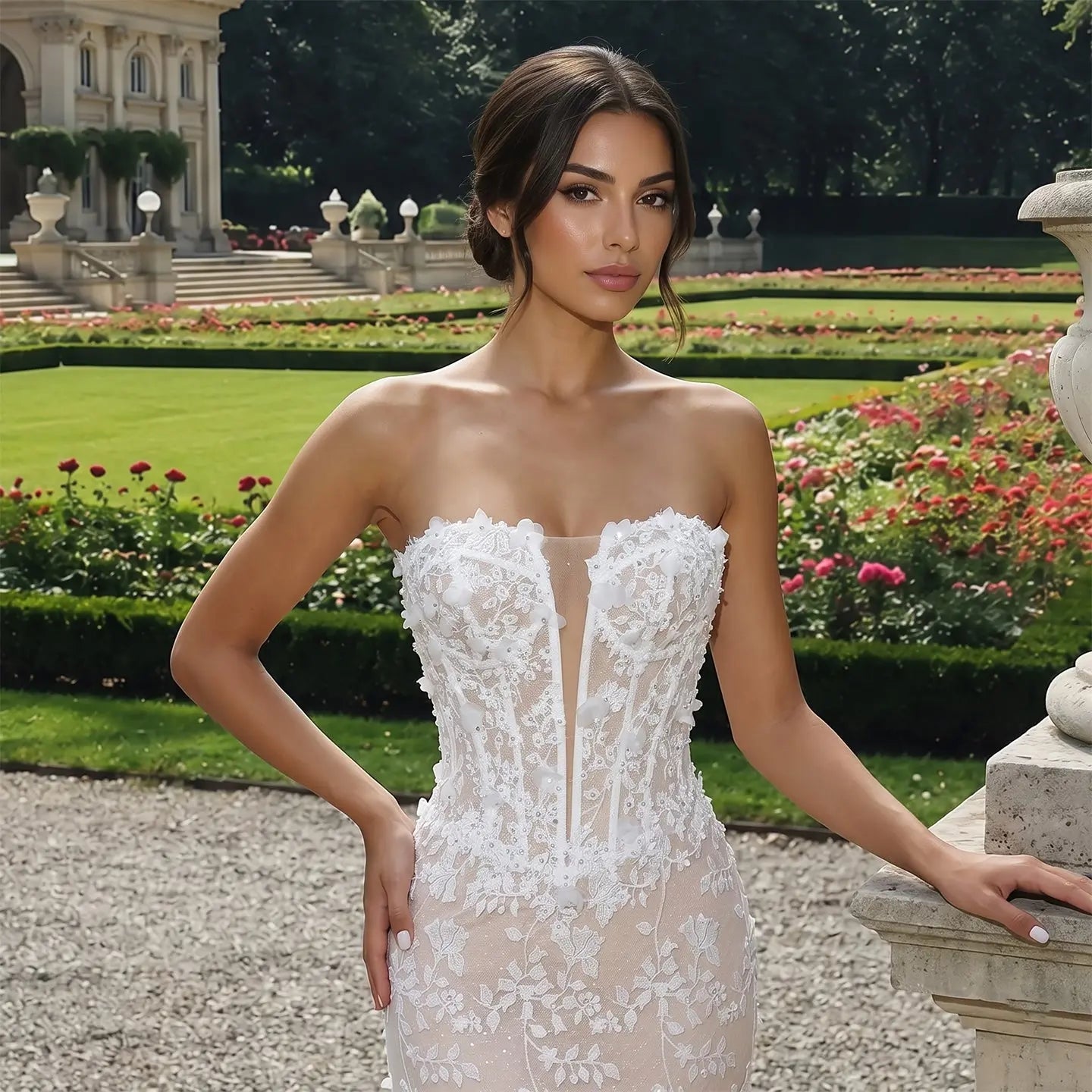 White Nude Lace Fairytale  Mermaid Wedding Dress 3D Floral  Train  SW649