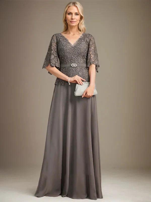 A-line V-Neck Floor-Length Chiffon Lace Mother of the Bride Dress With Crystal Brooch Rhinestone by Dreamylily