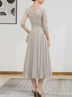 A-line Scoop Illusion Tea-Length Chiffon Lace Mother of the Bride Dress With Beading Sequins by Dreamylily