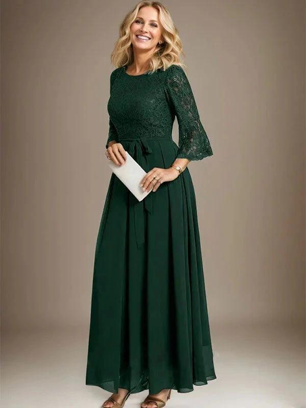 A-line Scoop Ankle-Length Lace Chiffon Mother of the Bride Dress With Bow by Dreamylily